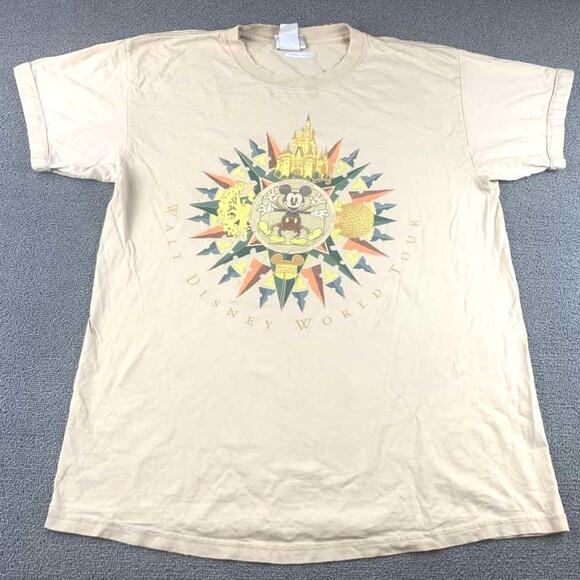 Vinatge Disney Tan Size Large World Tour Mickey Mouse Park Short Sleeve T Shirt - Picture 1 of 12